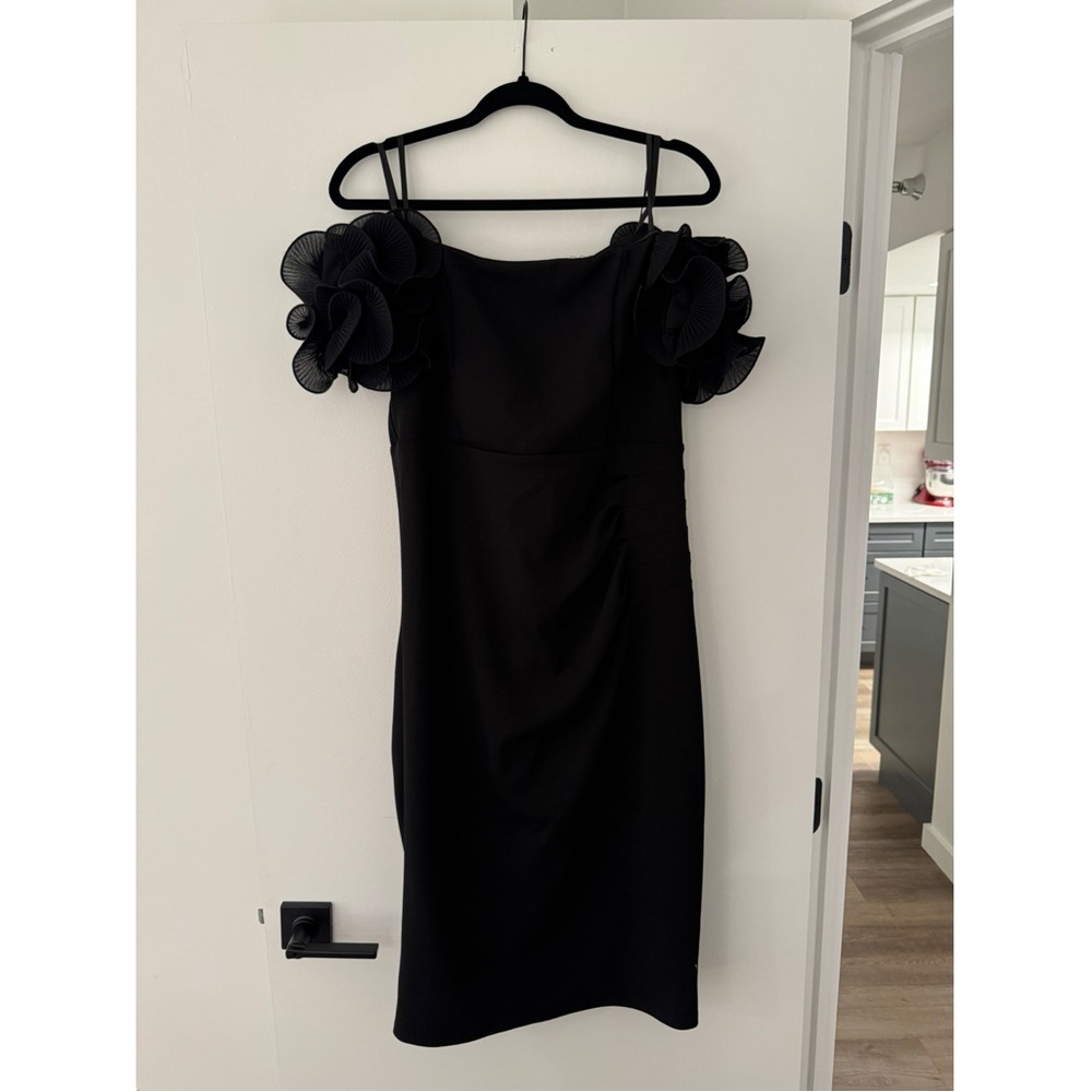 Le Chateau Black Dress with Floral Shoulder Details